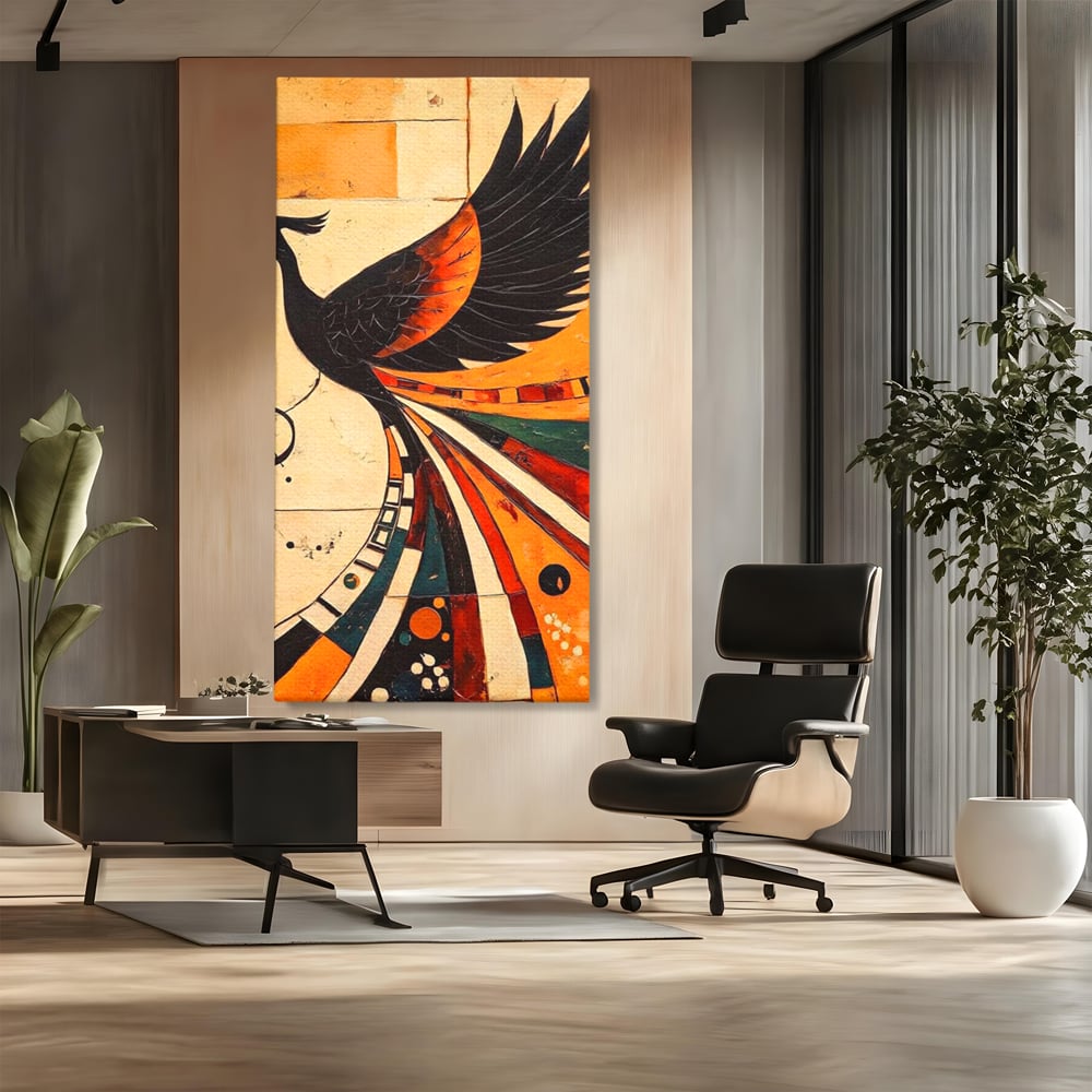 Tablou canvas cu tablou canvas cu pasar phoenix stilizata, fara rama, pe sasiu de lemn, pe perete intr-un birou